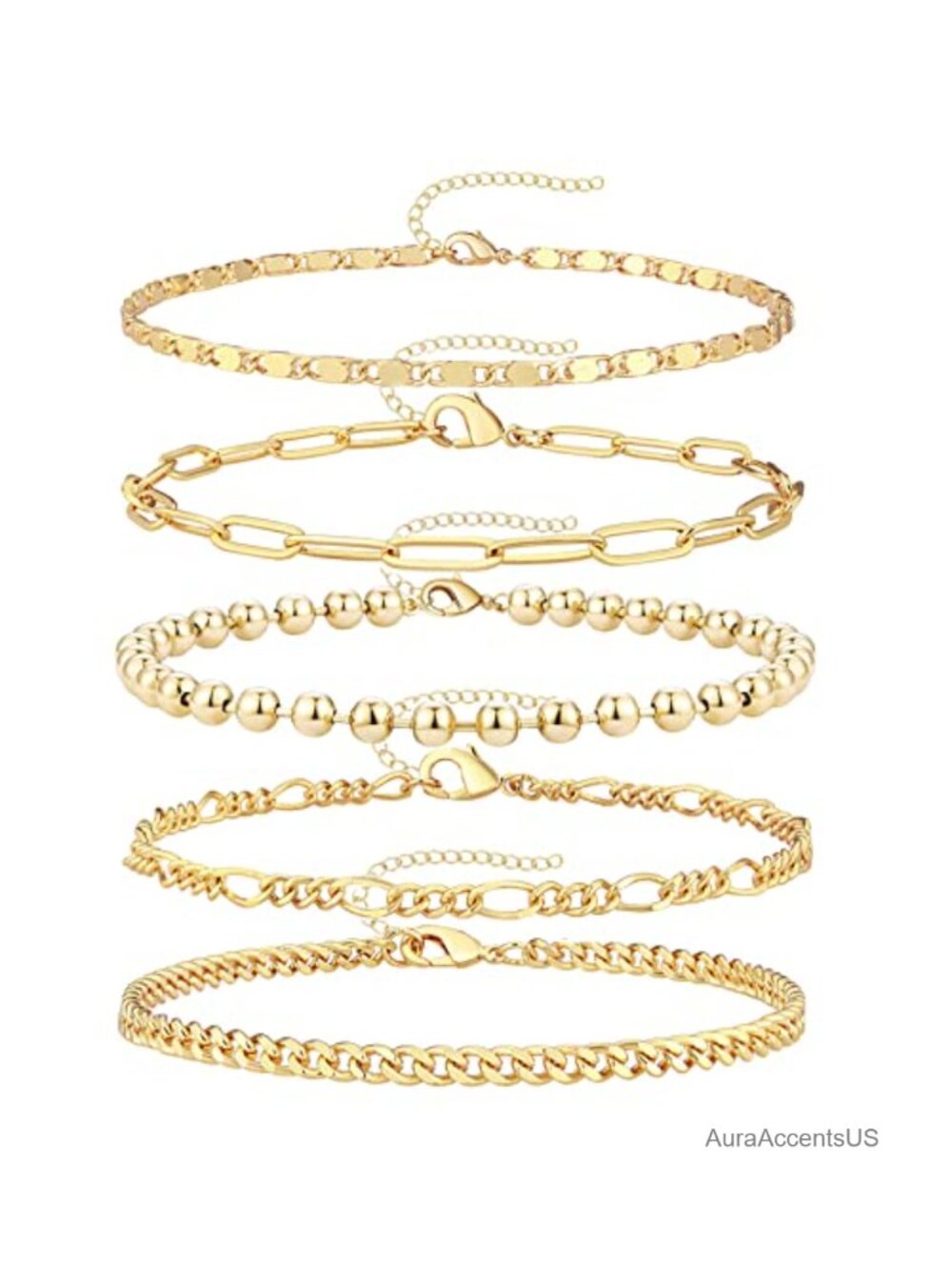 14K Real Gold Plated Bracelet Set for Women Stackable Layered Chain 5pcs